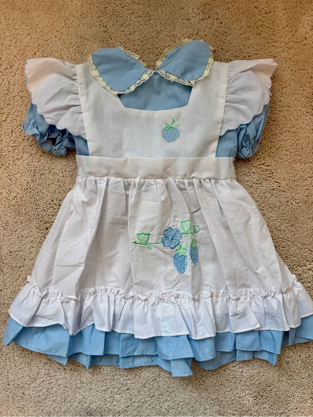 Vintage Girls Blue & White Strawberry Pinafore Dress – Tagged 5, Fits Smaller